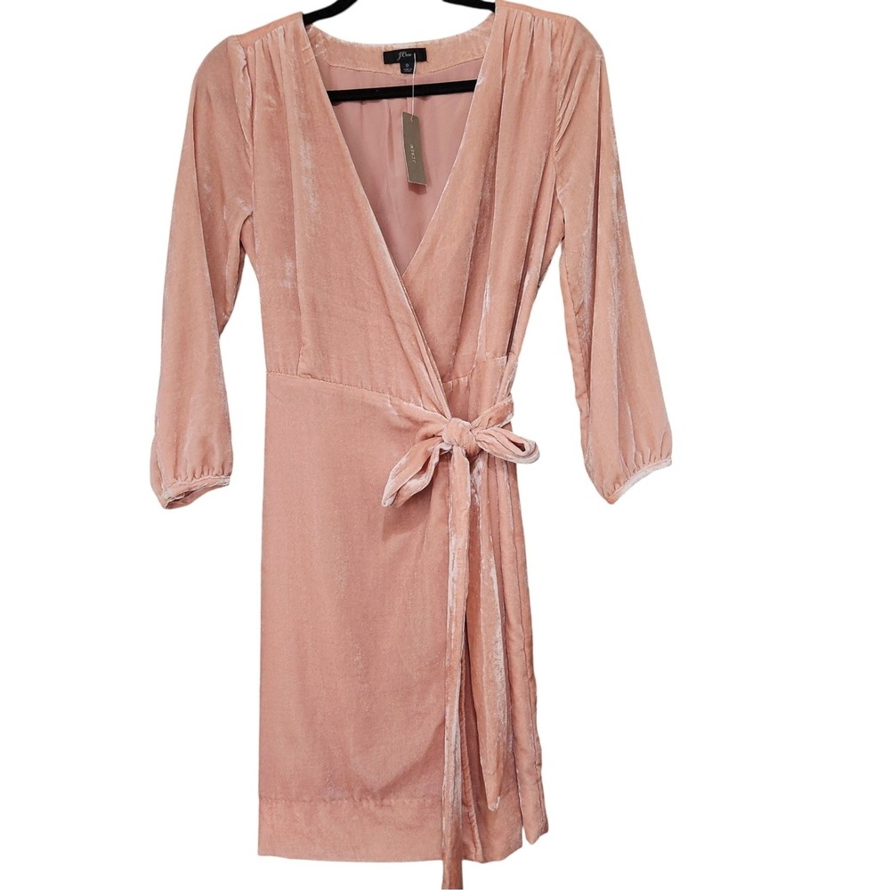 J.Crew Velvet Wrap Dress Pink 3/4 Sleeve V-Neck Mini Dress Size 0 Pink NWT